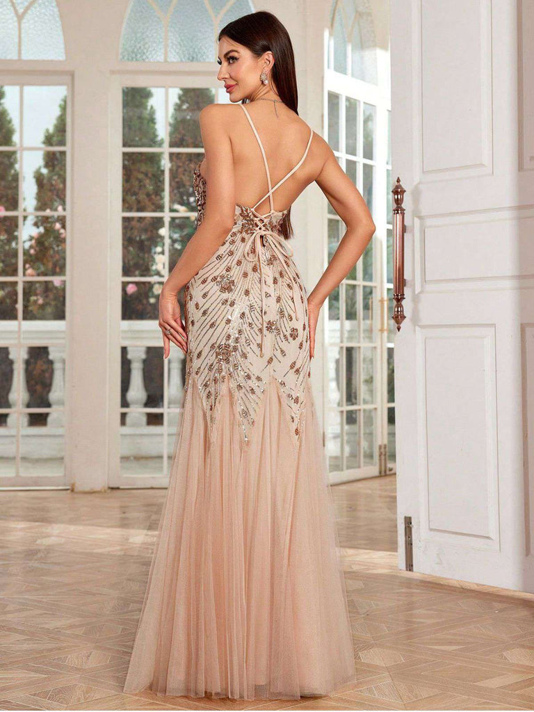 Beige 1920er Pailletten Netz Rückenfrei Meerjungfrauen Abend Kleid