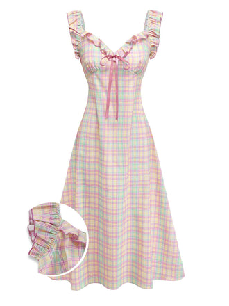 1950er Pastell Kariert Rüschen Bogen Herzausschnitt Kleid