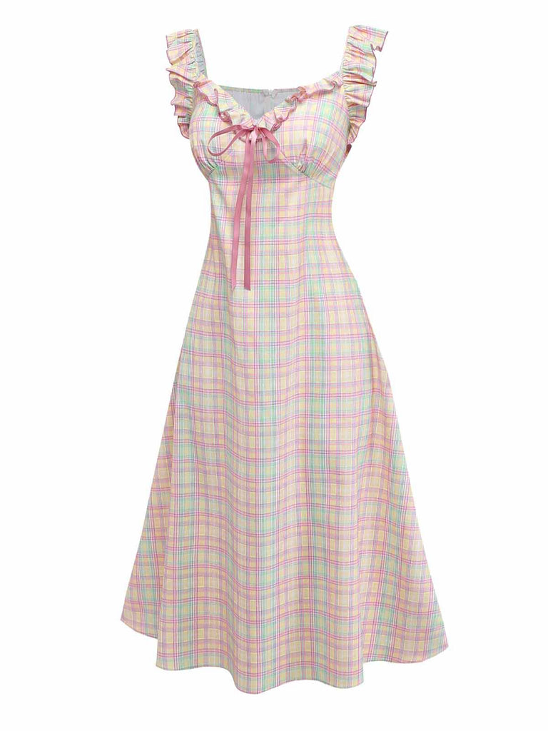 1950er Pastell Kariert Rüschen Bogen Herzausschnitt Kleid