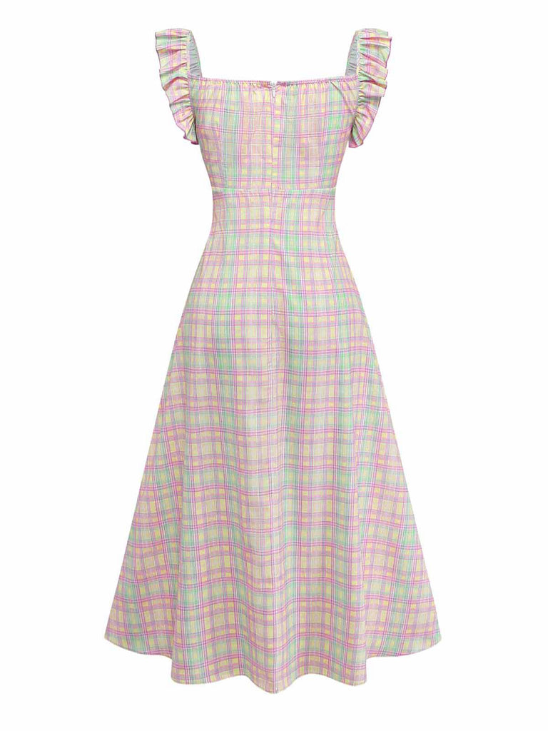 1950er Pastell Kariert Rüschen Bogen Herzausschnitt Kleid
