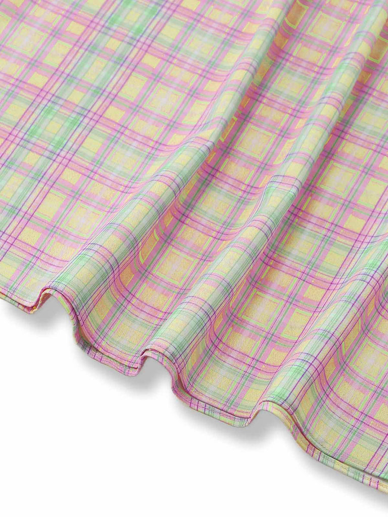 1950er Pastell Kariert Rüschen Bogen Herzausschnitt Kleid