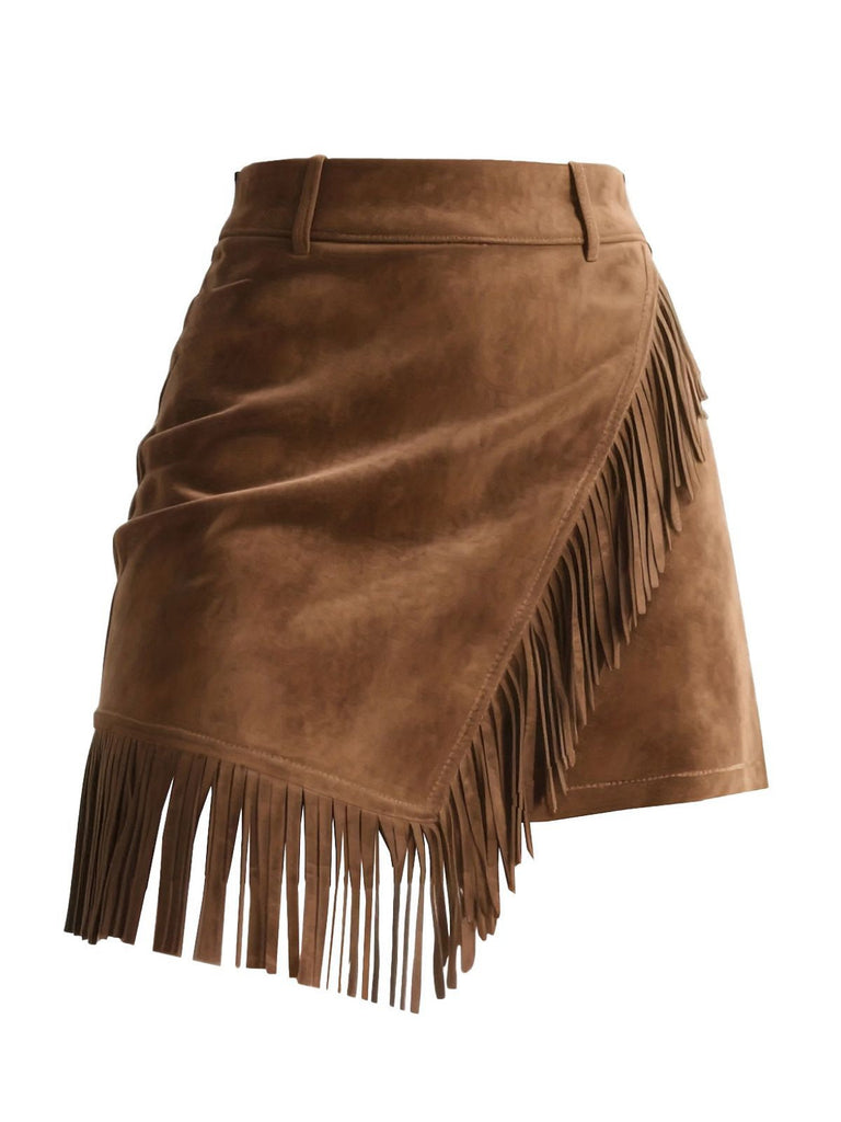Braun 1960er Kunst-Wildleder Fransen Asymmetrisch Saum Rock