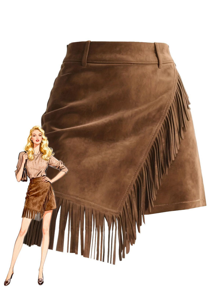 Braun 1960er Kunst-Wildleder Fransen Asymmetrisch Saum Rock