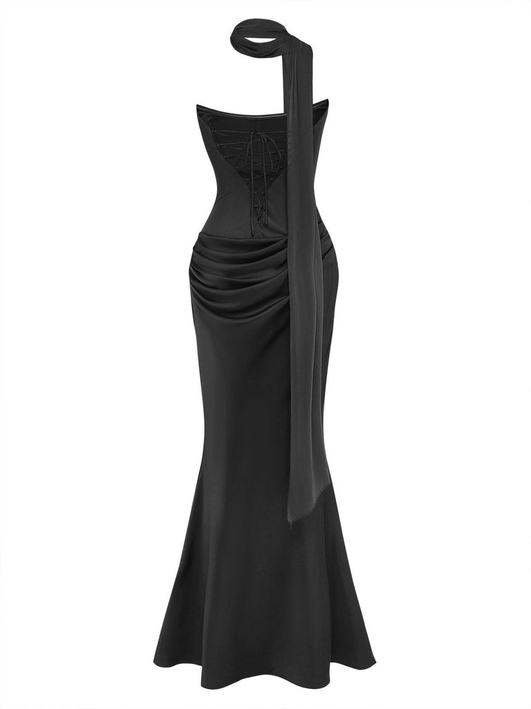 Trägerloses 80er Bodycon-Kleid mit Raffung und Schal