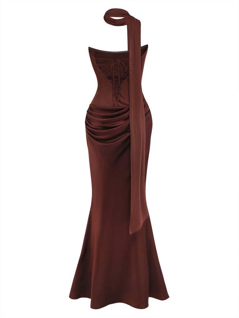 Trägerloses 80er Bodycon-Kleid mit Raffung und Schal