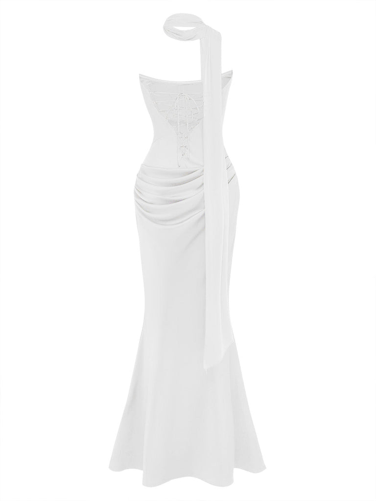 Trägerloses 80er Bodycon-Kleid mit Raffung und Schal