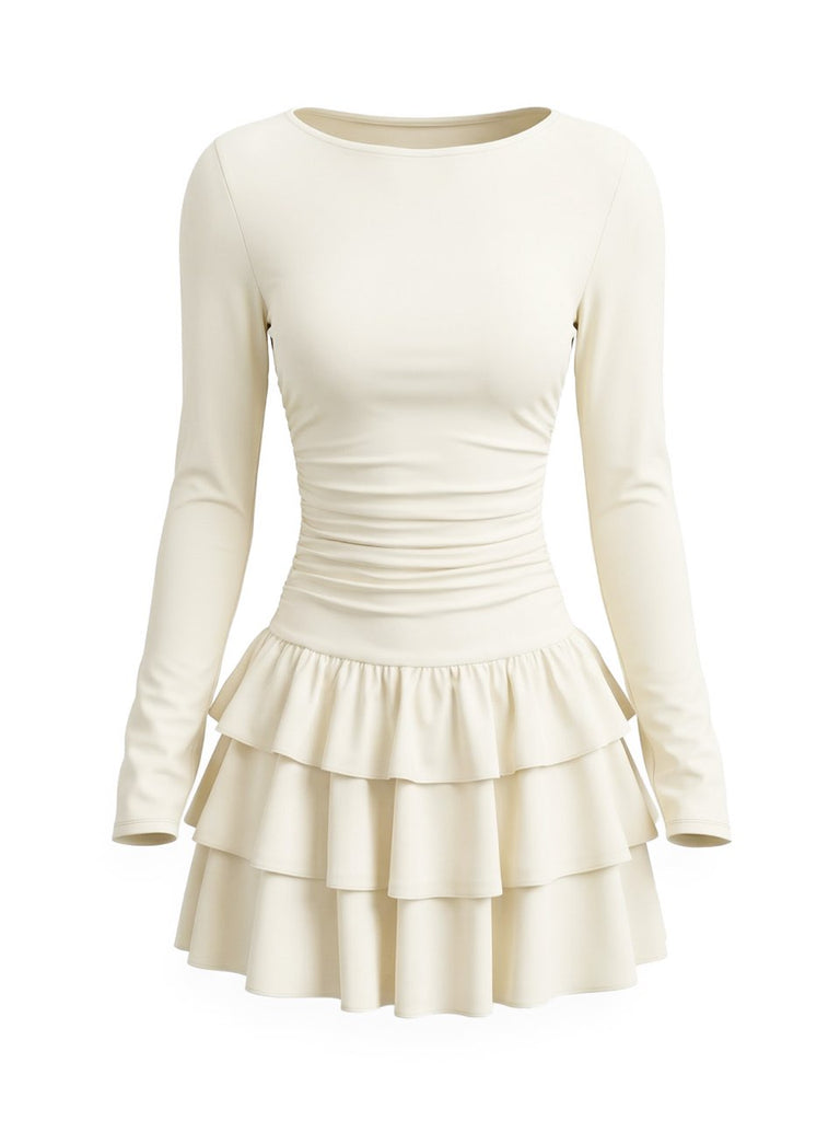 80er Minikleid mit Taillenraffung und gestuftem Rüschensaum