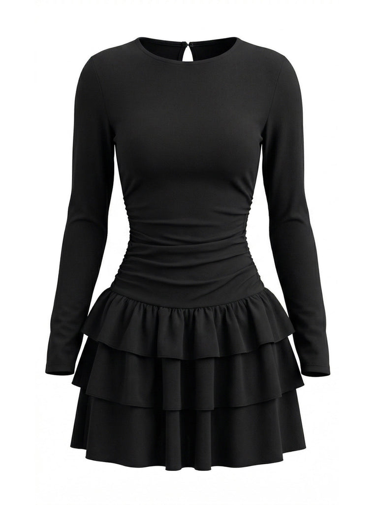 80er Minikleid mit Taillenraffung und gestuftem Rüschensaum