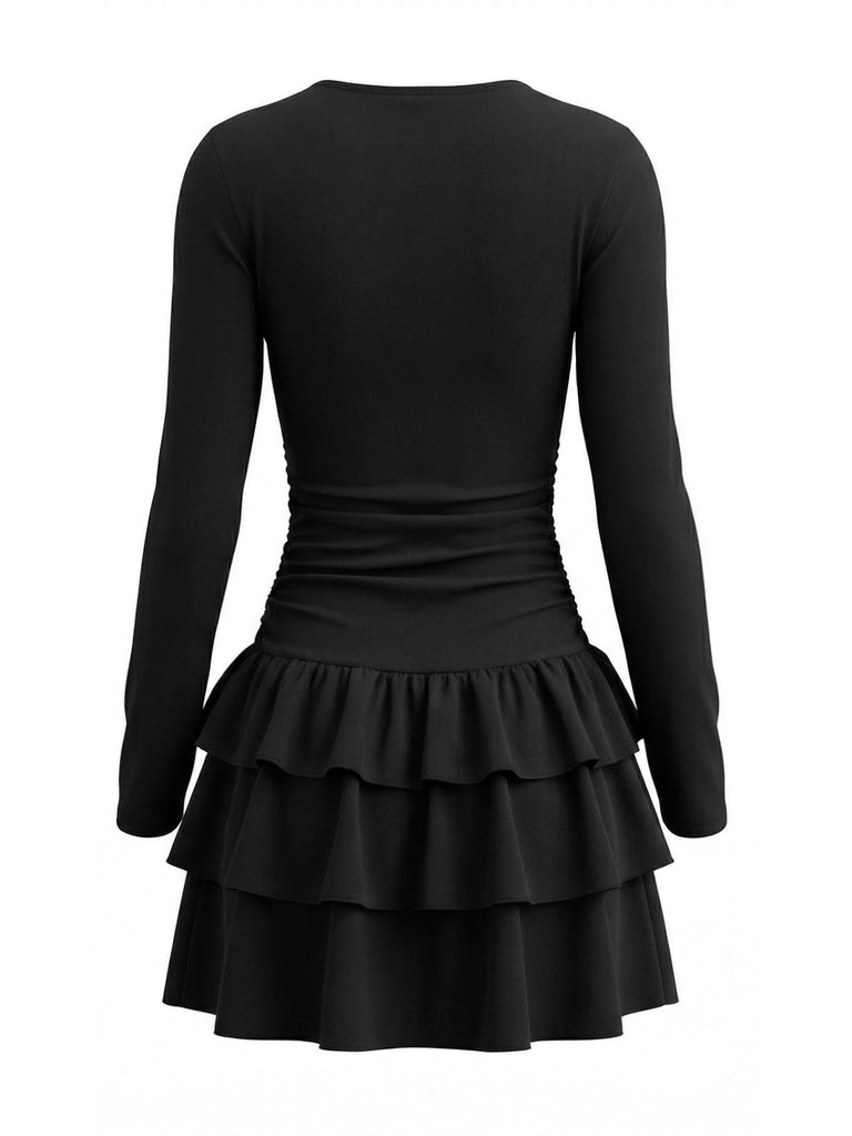 80er Minikleid mit Taillenraffung und gestuftem Rüschensaum