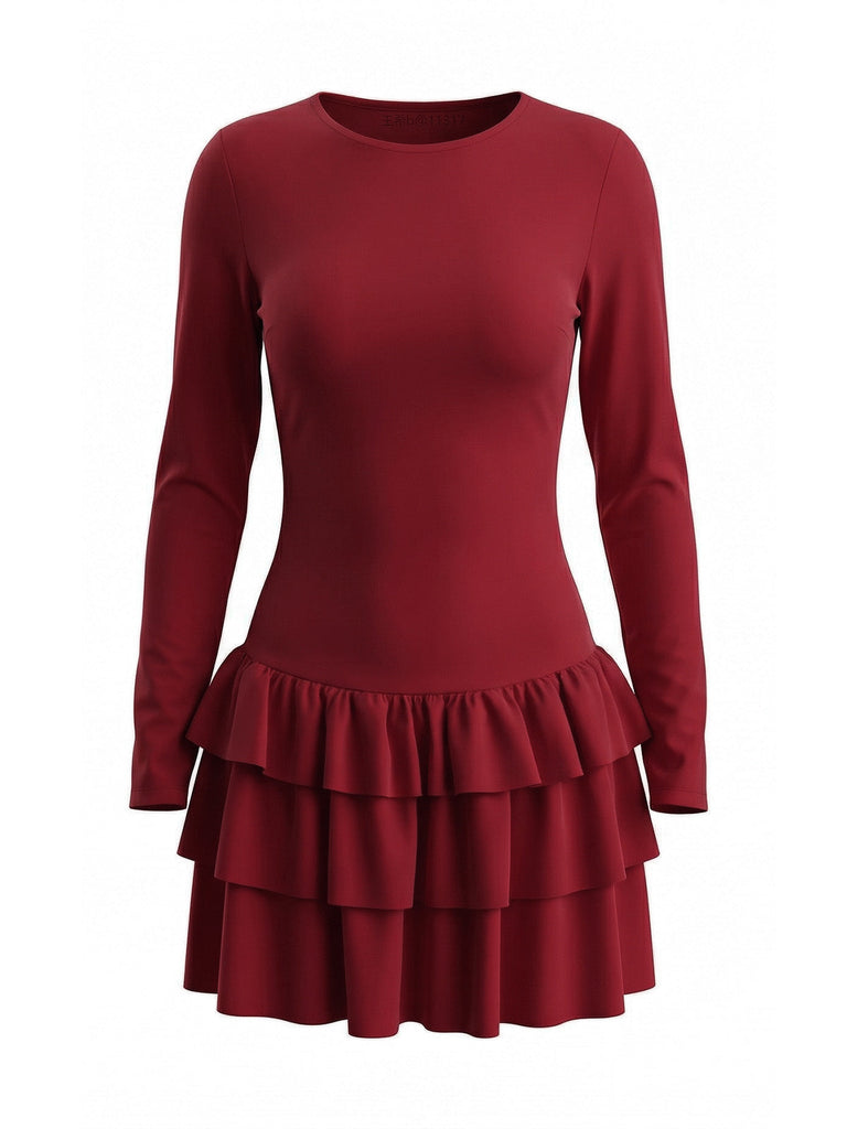 80er Minikleid mit Taillenraffung und gestuftem Rüschensaum