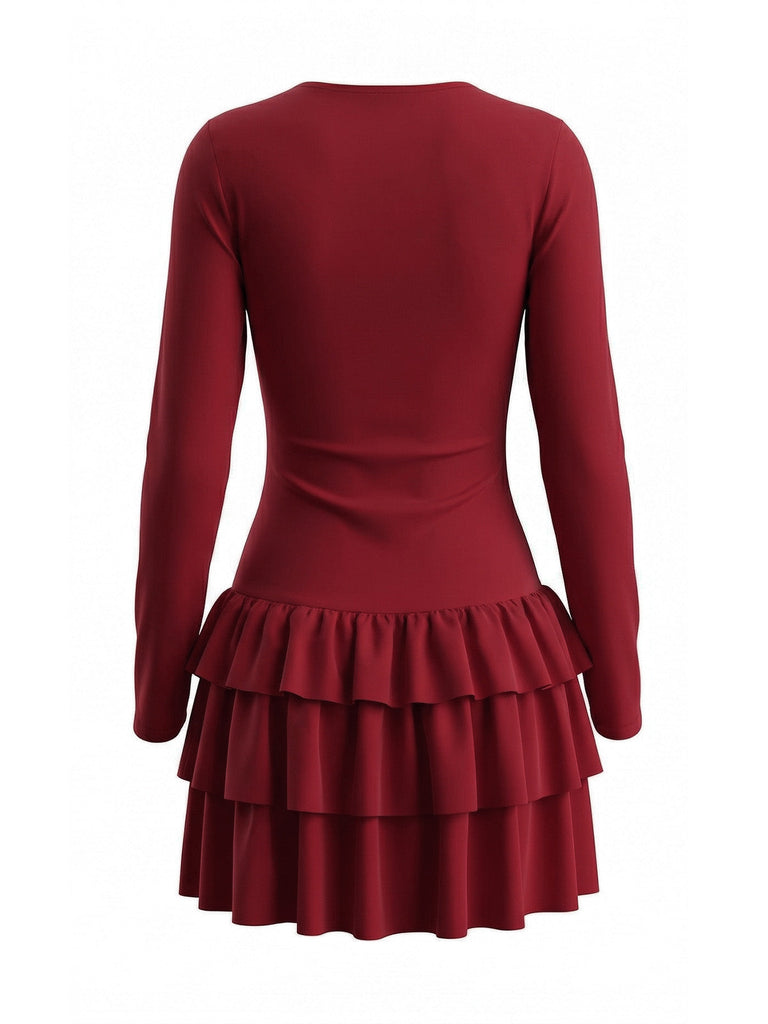 80er Minikleid mit Taillenraffung und gestuftem Rüschensaum