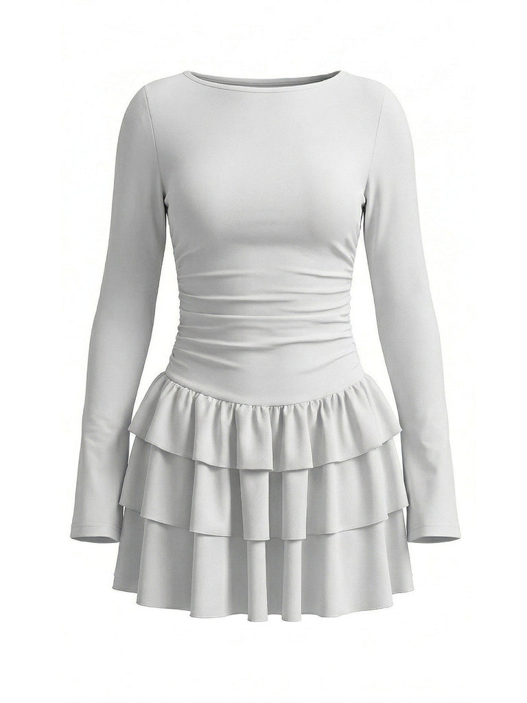80er Minikleid mit Taillenraffung und gestuftem Rüschensaum