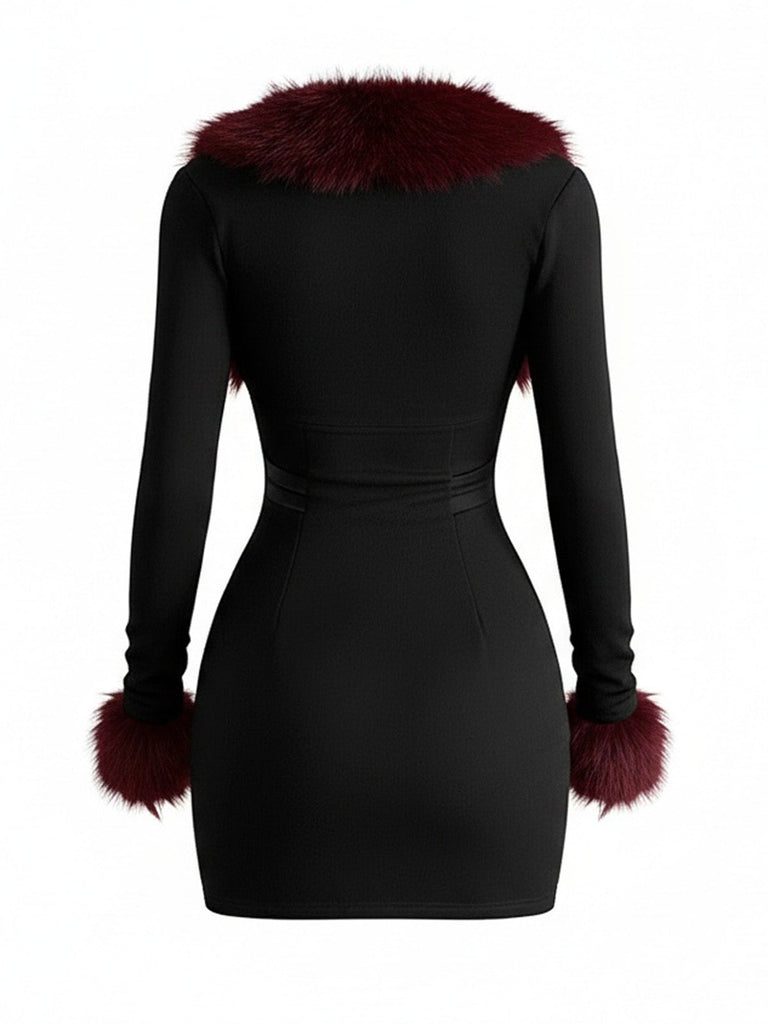 Schwarzes 80er Bleistiftkleid & Kurzmantel-Set mit Fellbesatz