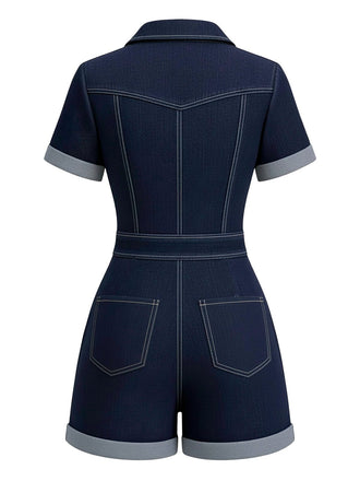 Dunkelblau 1960er Hemd Kragen Denim Romper