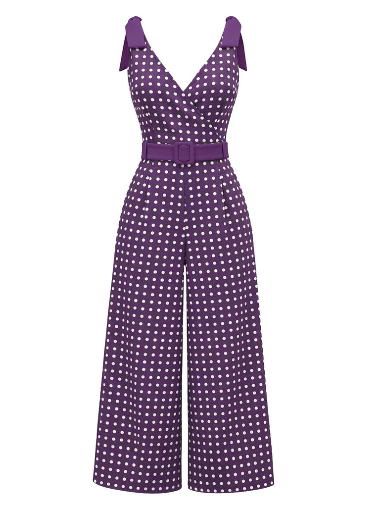 [Vorverkauf] Lila 1970er Tupfen Schulter-Schleife Jumpsuit