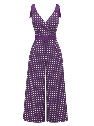 [Vorverkauf] Lila 1970er Tupfen Schulter-Schleife Jumpsuit