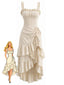 Beige 1980er Uni Rüschensaum Trägerkleid