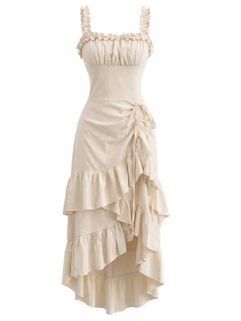 Beige 1980er Uni Rüschensaum Trägerkleid