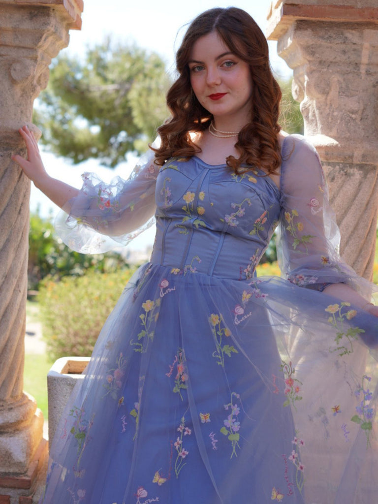 Blau 1930er Blumen Bestickt Netz Langarm Kleid