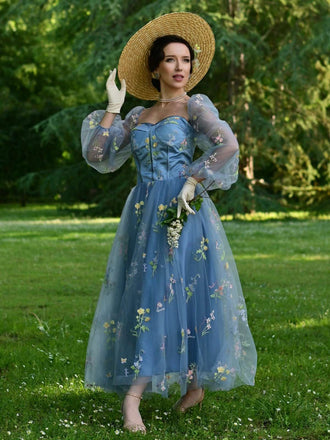 Blau 1930er Blumen Bestickt Netz Langarm Kleid