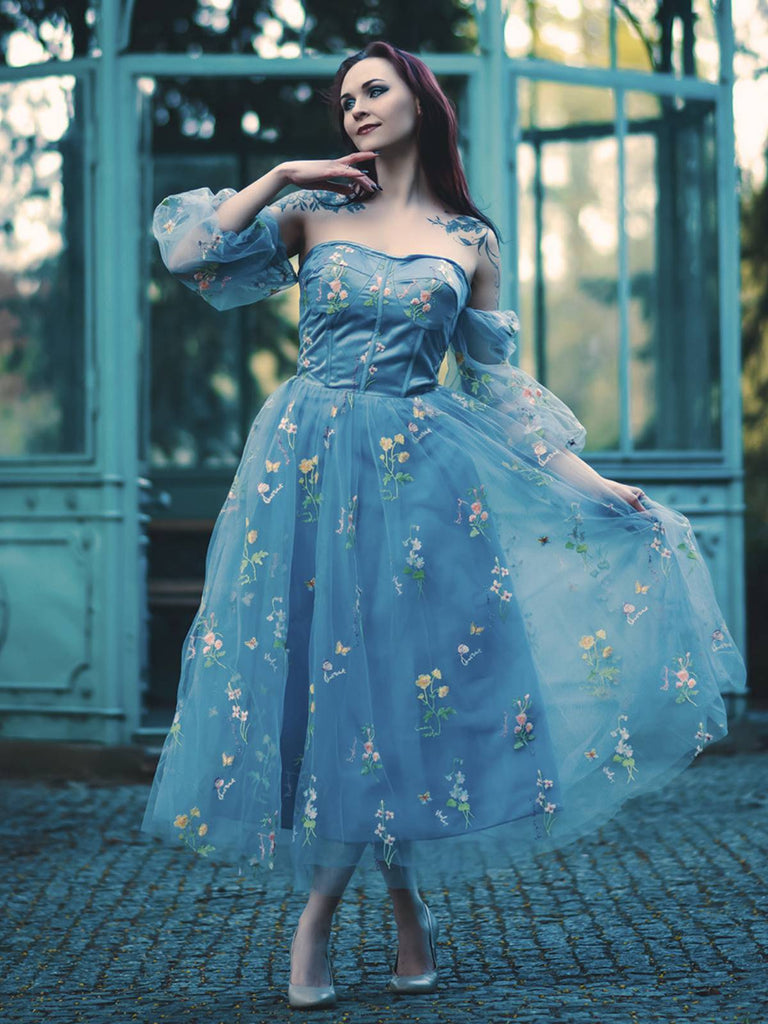 Blau 1930er Blumen Bestickt Netz Langarm Kleid