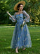 Blau 1930er Blumen Bestickt Netz Langarm Kleid