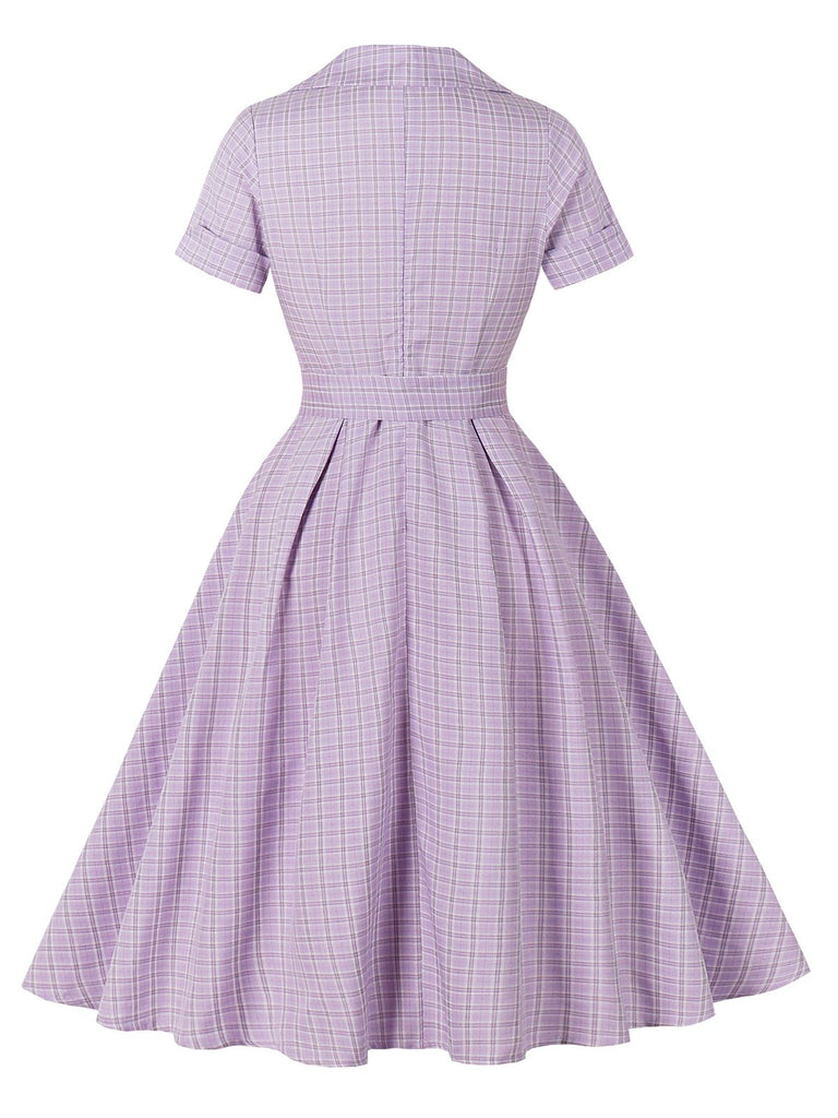 Lila 1950er Kariert Quadratischer Hals Knopf Swing Kleid
