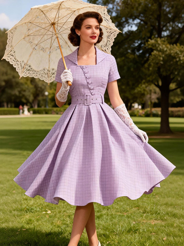 Lila 1950er Kariert Quadratischer Hals Knopf Swing Kleid