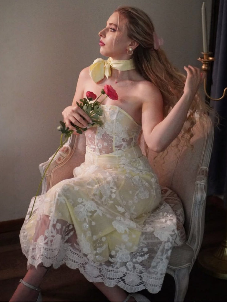 Gelb 1950er Blumen Bestickt Spitze Transparent Trägerloses Kleid