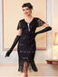 Schwarz 1920er Pailletten Perlen Fransen Flapper Kleid