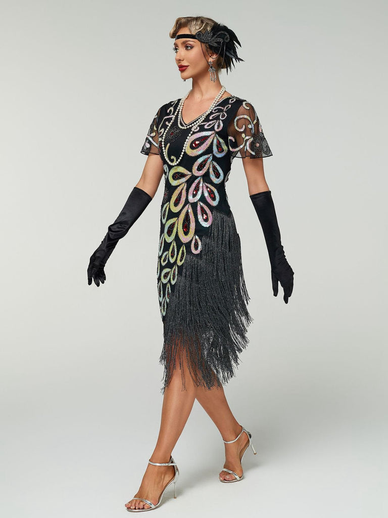 Schwarz 1920er Pfau Pailletten Perlen Fransen Flapper Kleid