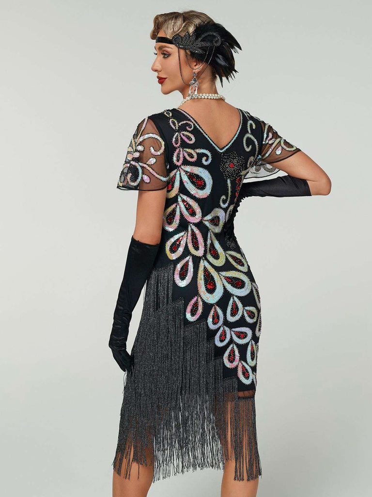 Schwarz 1920er Pfau Pailletten Perlen Fransen Flapper Kleid