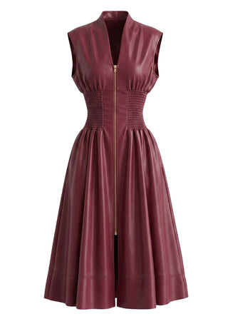 Weinrot 1940er Kunst Leder Flügelärmel Tailliert Kleid