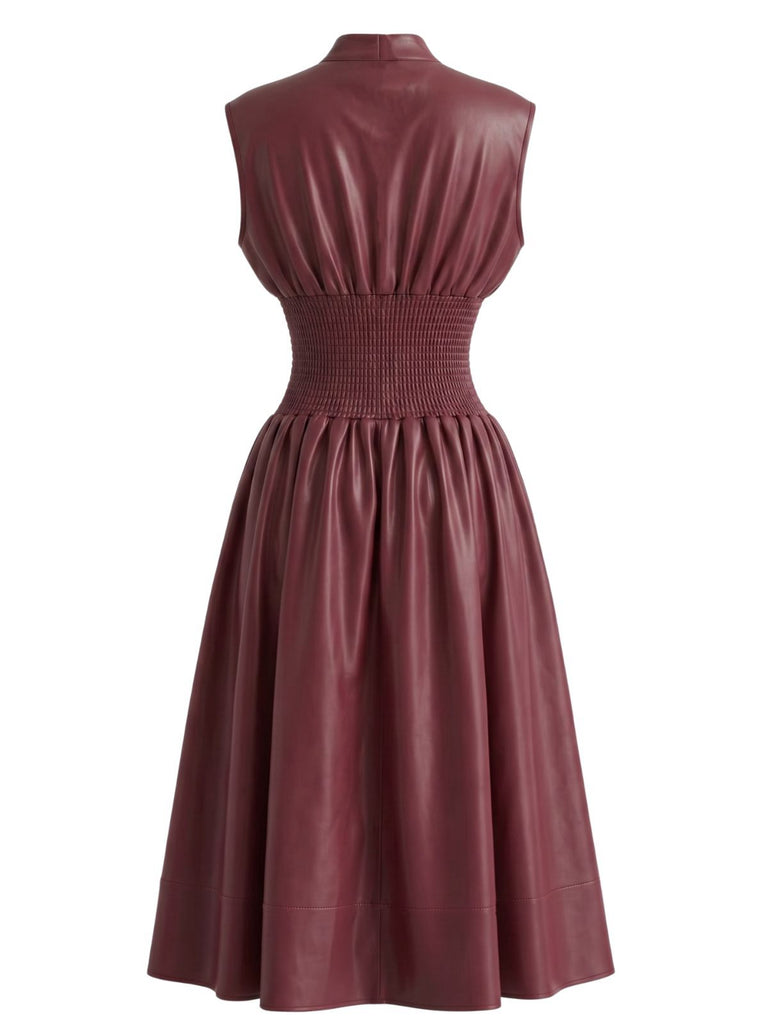 Weinrot 1940er Kunst Leder Flügelärmel Tailliert Kleid