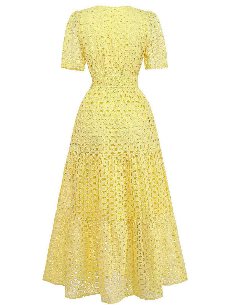 1940er Ösen Spitze V-Ausschnitt Gestuft Maxi Kleid