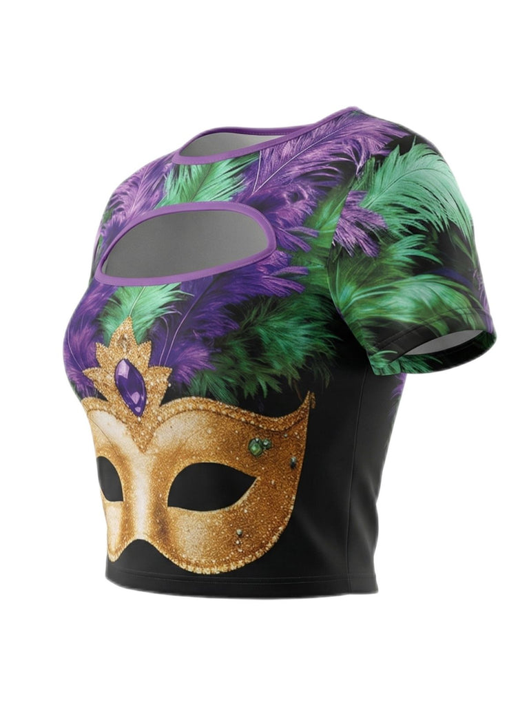 Mehrfarbig 1970er Karneval Gold Masken Druck Cutout Top