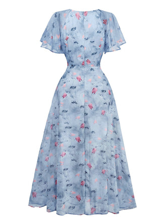Hellblau 1930er Schmetterling Flatterärmel Chiffon Kleid