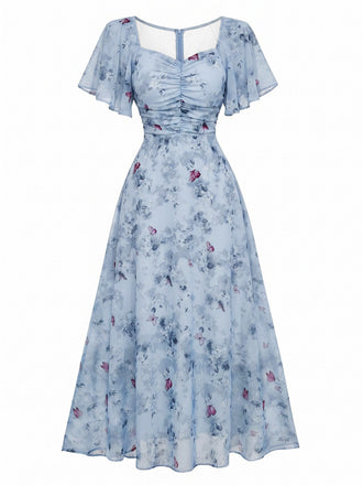 Hellblau 1930er Schmetterling Flatterärmel Chiffon Kleid
