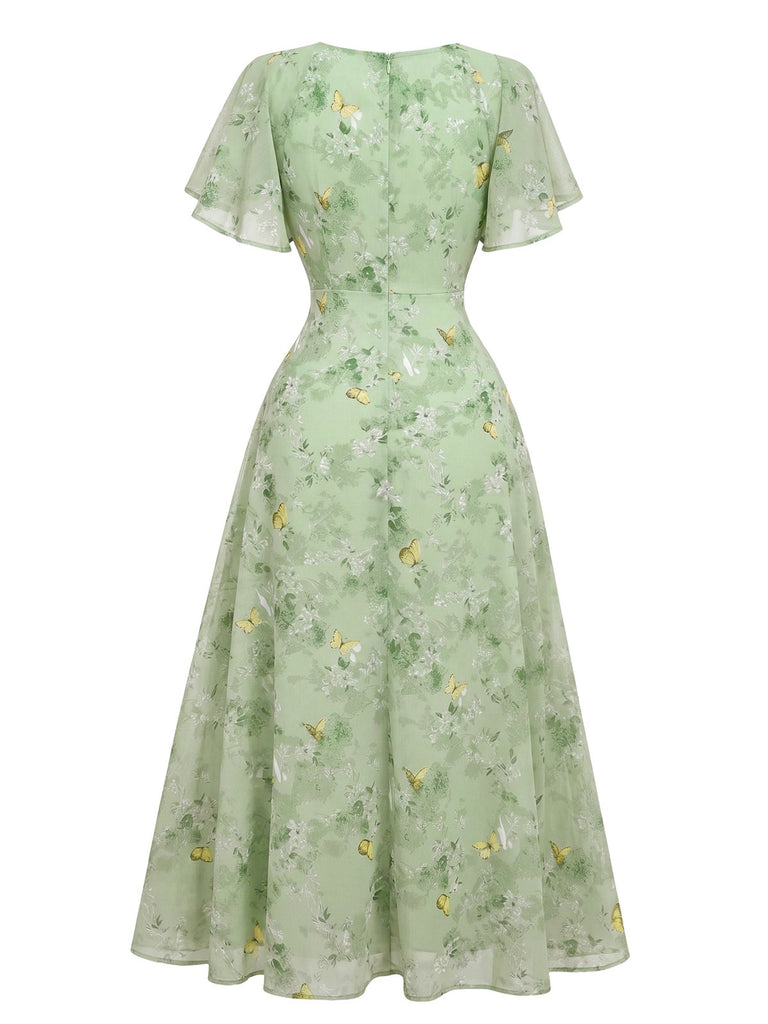 Hellblau 1930er Schmetterling Flatterärmel Chiffon Kleid