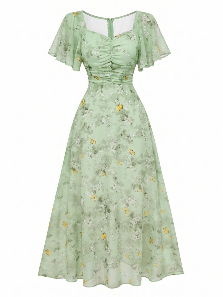Hellblau 1930er Schmetterling Flatterärmel Chiffon Kleid