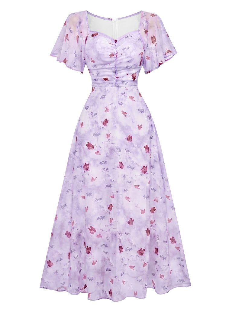 Hellblau 1930er Schmetterling Flatterärmel Chiffon Kleid