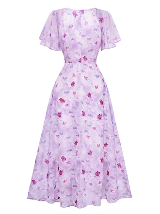 Lavendel 1930er Schmetterling Flatterärmel Chiffon Kleid