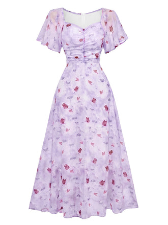 Lavendel 1930er Schmetterling Flatterärmel Chiffon Kleid