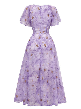 Lila 1930er Schmetterling Flatterärmel Chiffon Kleid