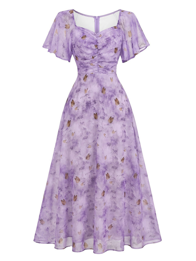 Hellblau 1930er Schmetterling Flatterärmel Chiffon Kleid