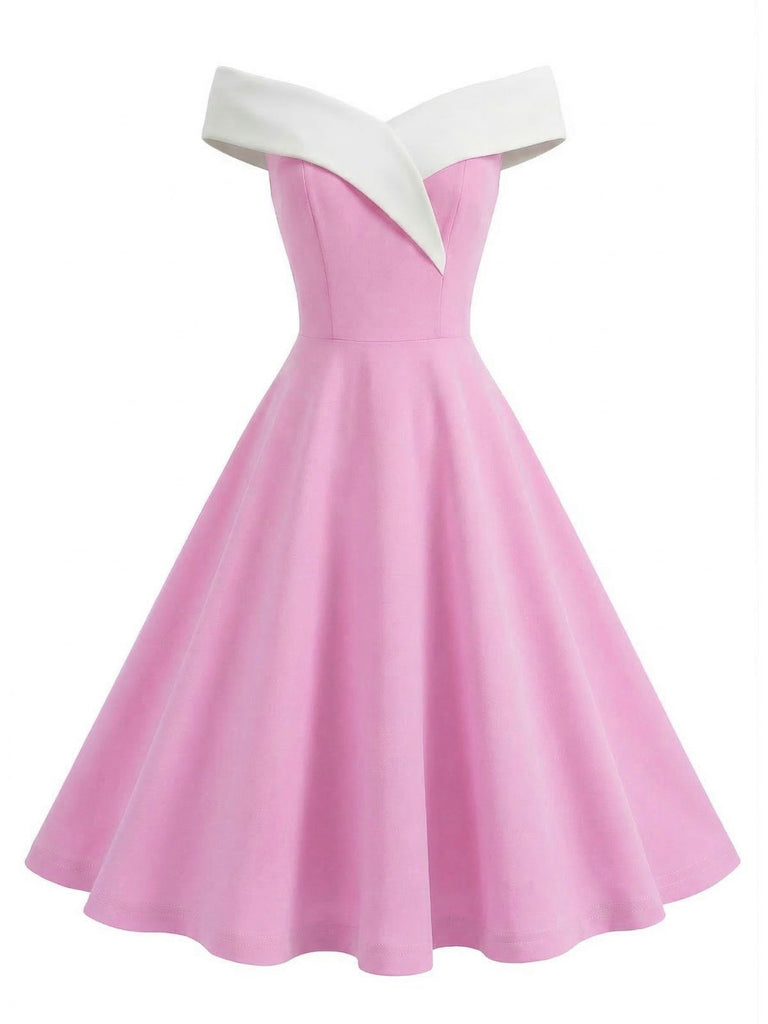 1950er Schulterfrei Ärmellos Farbblock Kleid