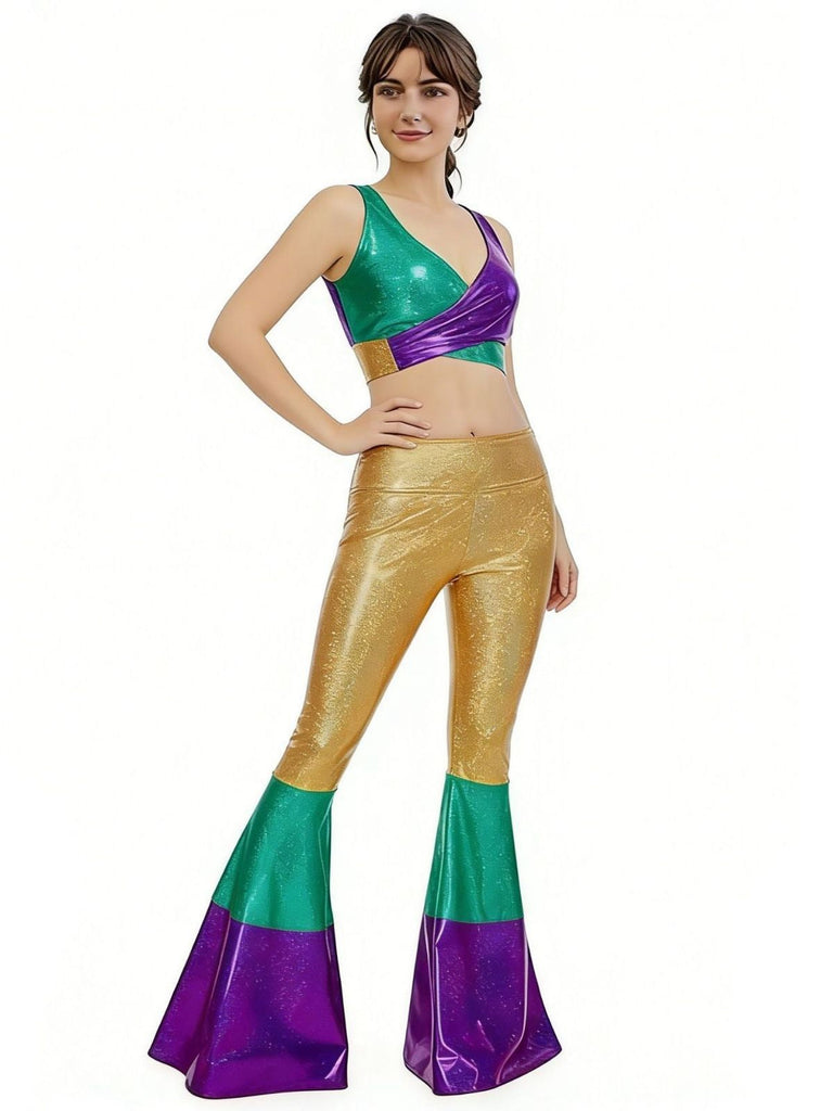 2PCS Multicolor 1970er Metallic Kurz Top & Schlag Hose
