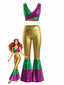 2PCS Multicolor 1970er Metallic Kurz Top & Schlag Hose