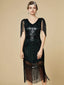 Dunkelgrün 1920er Pailletten Fransen Flapper V-Ausschnitt Kleid