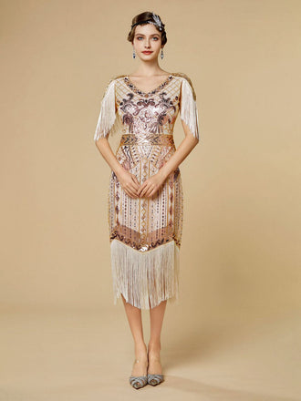 1920er Pailletten Fransen Flapper V-Ausschnitt Kleid